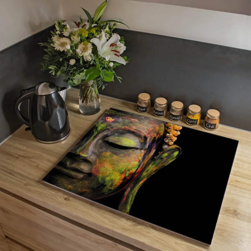 banjado Glas Herdabdeckplatten 60x52cm Ceranfeldabdeckung Bunter Buddha Spritzschutz Schneidebrett [HAP1 12103]